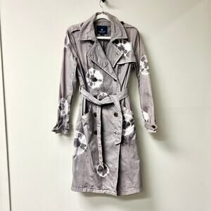 GRYPHON New York Printed Notch Lapel Double Breasted Belted Trench Coat Gray S